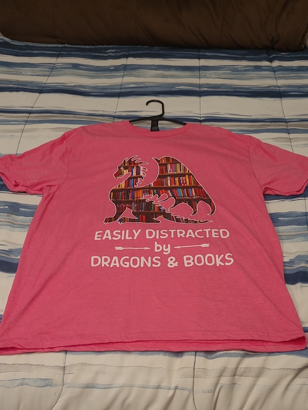 Women's Pink Graphic Tee - Easily Distracted by Dragons & Books